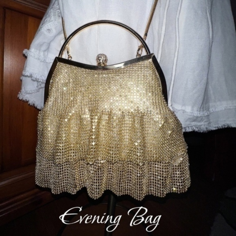 Gold Rhinestone-Mesh Fringe Evening Bag w/Detachable Crossbody Strap NWT